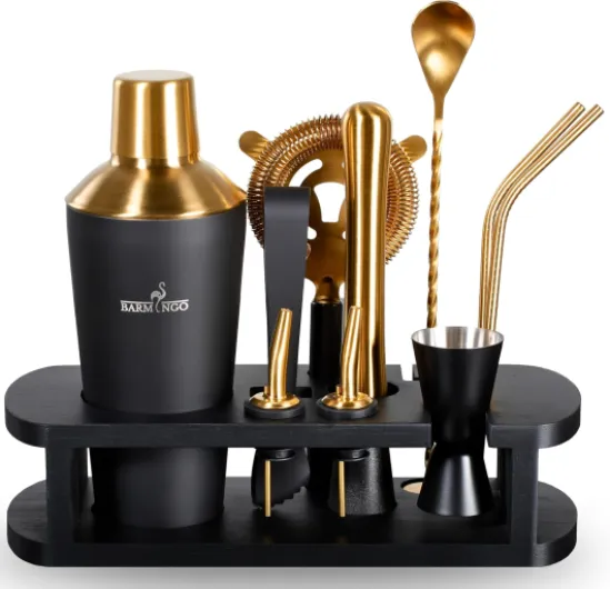Shaker Cocktail Kit - 11 Pièces, Volume de 700 ML, Noir - Or - Shaker Cocktail INOX avec Support et Accessoires de Bar - Set Barman Cocktail Shaker - Kit Cocktail Professionnel Noir/Or