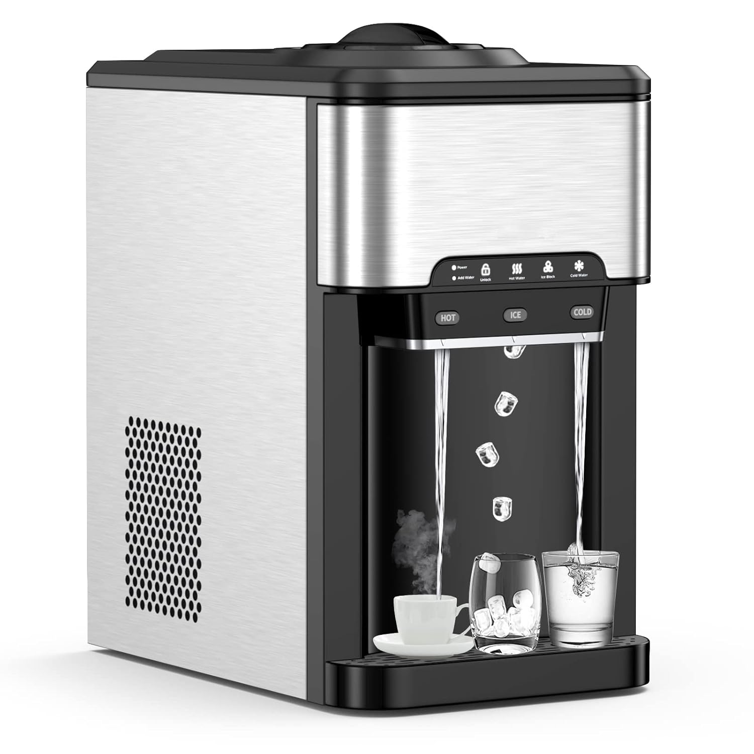 Distributeur d'eau Chaude et Froide Instantanée Capacité 3,3L lavec Machine à Glaçons 18kg/Jour Réservoir de 3L, Fontaine à Eau Fraiche écran Tactile Argent