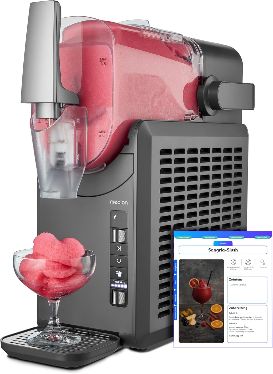 Machine à granité (boissons glacées, capacité 2,6L, réservoir 1,9L, slush machine pour boissons, 5 modes de boisson, machine a glace, préparation en 30–60min, compresseur, MD12090)