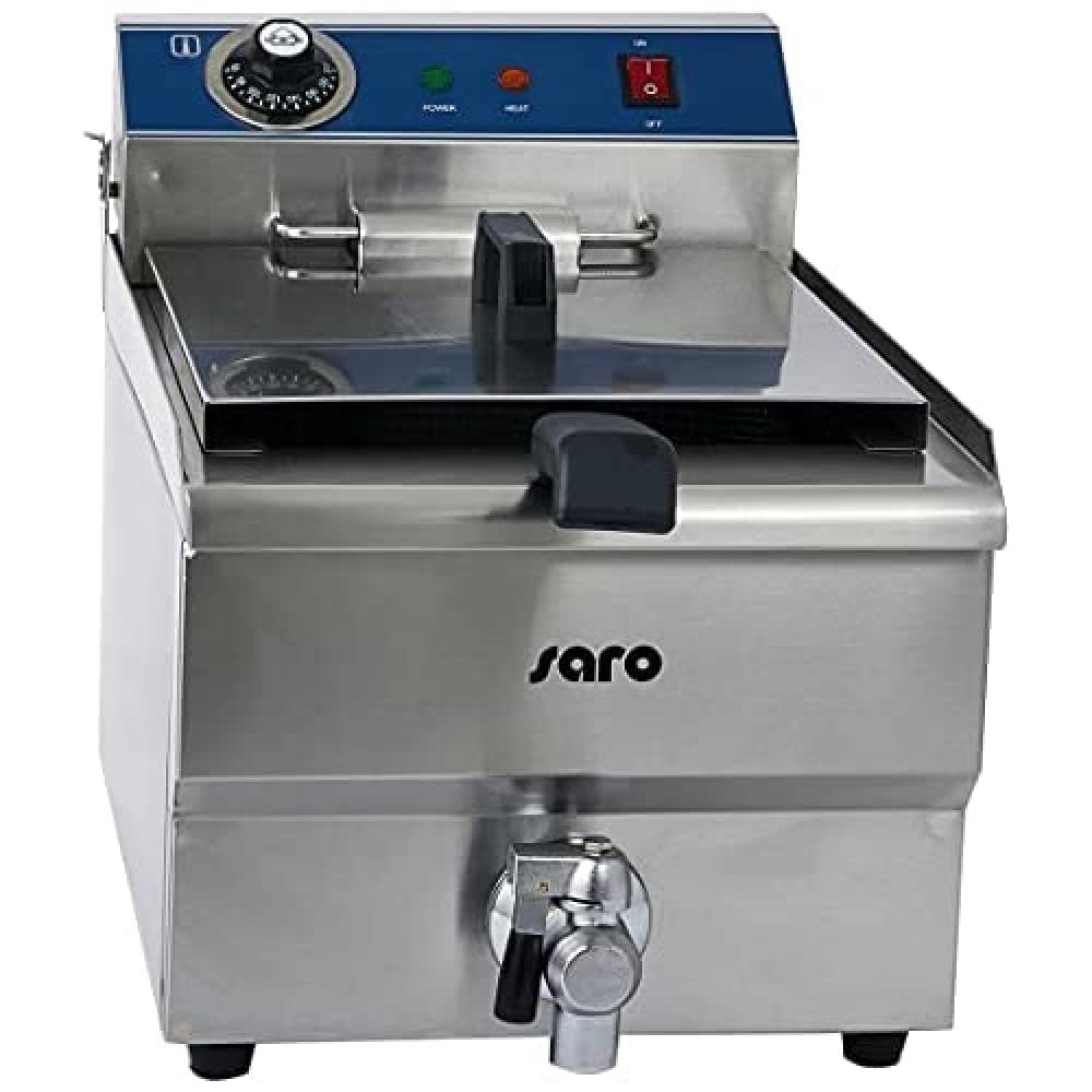 Saro - FT 13 Friteuse en Inox, 13 l, avec Robinet de Vidange, Cuve Arrondie à Zone Froide, Température Réglable en Continu de 0 à 180 °C, Résistance Amovible, 3,3 kW