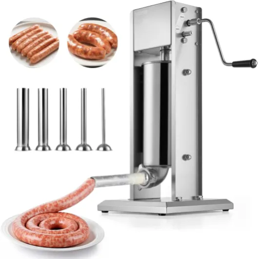 Poussoir à Saucisses Manuel Capacité 5 L, Machine à Saucisses Verticale en Acier Inoxydable, Ensacheuse à Double Vitesse, avec 5 Tubes de Remplissage, pour Cuisine, Domicile, Restaurant