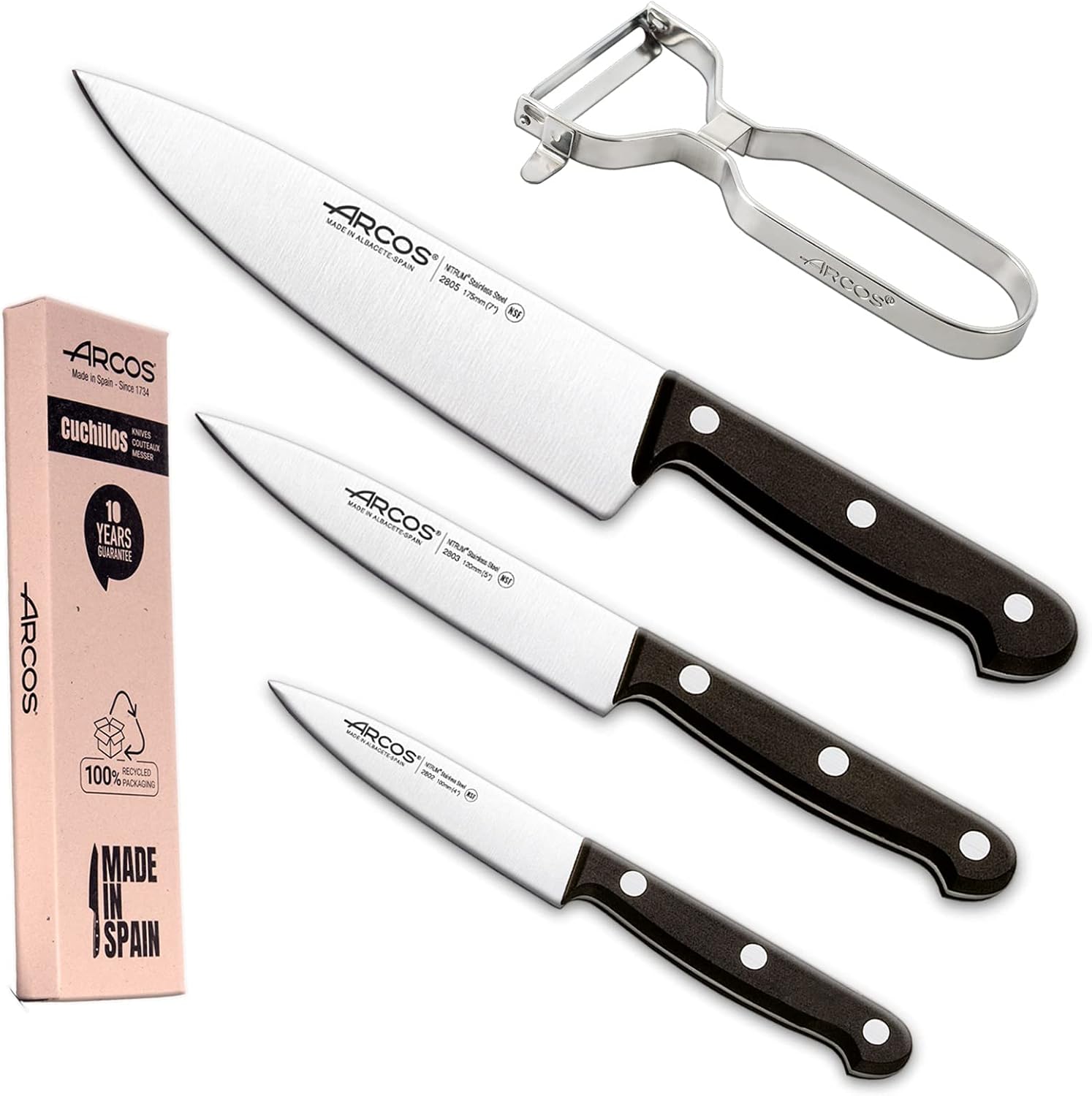 Jeu de Couteaux de Cuisine Professionnels - Comprend éplucheur de Pommes de Terre - Couteaux de Cuisine Professionnelle et éplucheur Pommes de Terre - 4 pièces Set Couteaux - Manche Noir