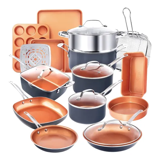 Ensemble de 20 casseroles et poêles Gotham Steel, Batterie de Cuisine complète et ustensiles de Cuisson - Revêtement céramique antiadhésif en cuivre : poêles à Frire