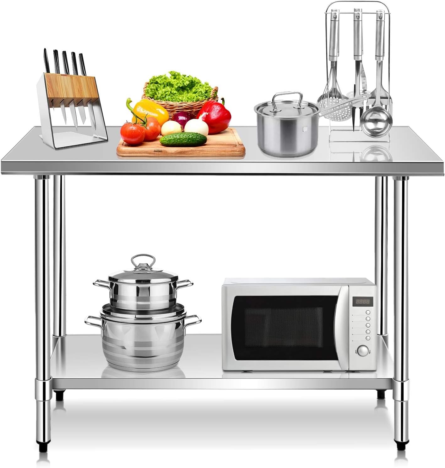 Table de Travail Cuisine en Acier Inoxydable, Plan de Travail Cuisine à 2 Niveaux, Étagère Inférieur Réglable, 122 x 61 x 90cm, Argent XL丨61 x 122 x 90 cm丨Sans Roues