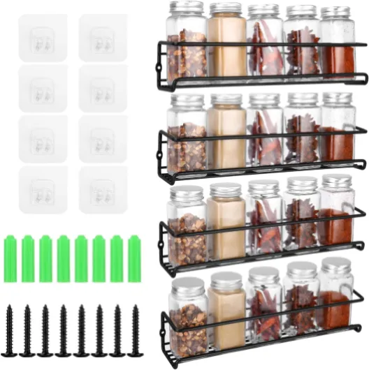 Lot de 4 étagères à épices murales, sans perçage, avec 8 adhésifs et vis, peut être utilisée comme organisateur d'épices, étagère de cuisine et étagère à épices murale