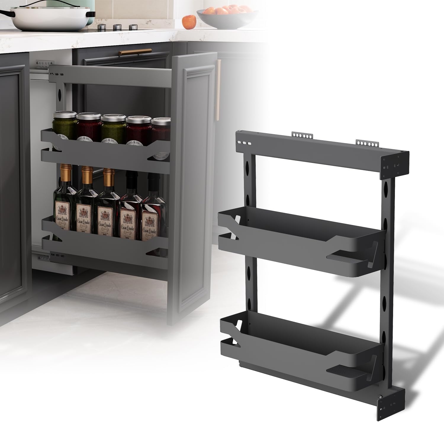 Panier de tiroir de cuisine extractible pour meubles de 200 mm, organisateur d'épices à 2 niveaux en acier au carbone, fermeture en douceur, montage gauche/droite