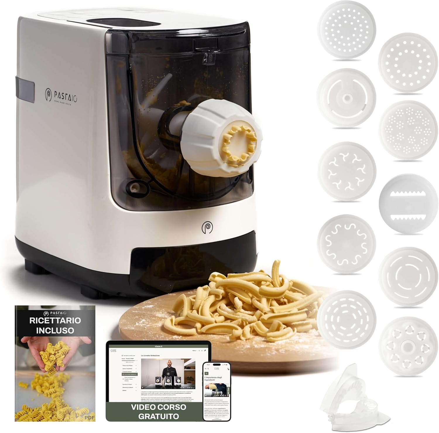 PASTAIO Machine à pâtes avec 11 Matrices - Pasta Maker, balance intégrée, extrusion rapide, jusqu'à 800g de pâtes, jusqu'à 15 types de pâtes différentes - Classe Italie 11 tréfils
