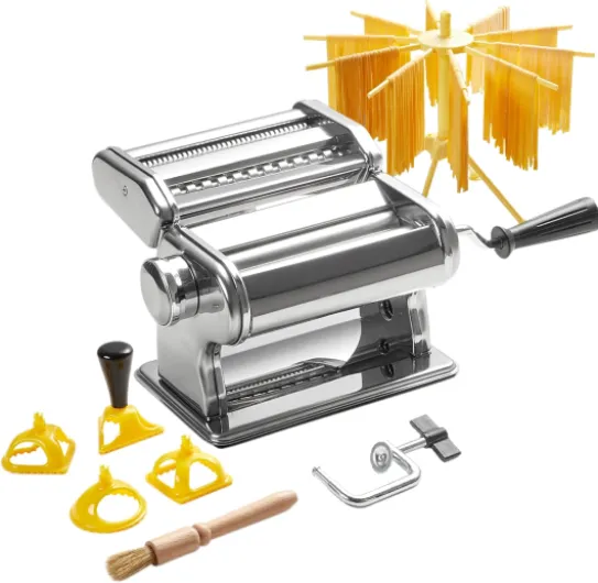 Machine à pâtes manuelle avec séchoir – En acier inoxydable avec 9 épaisseurs de pâte et 2 largeurs de coupe – Pour lasagnes, spaghettis, fettuccine – Raviolis Pince