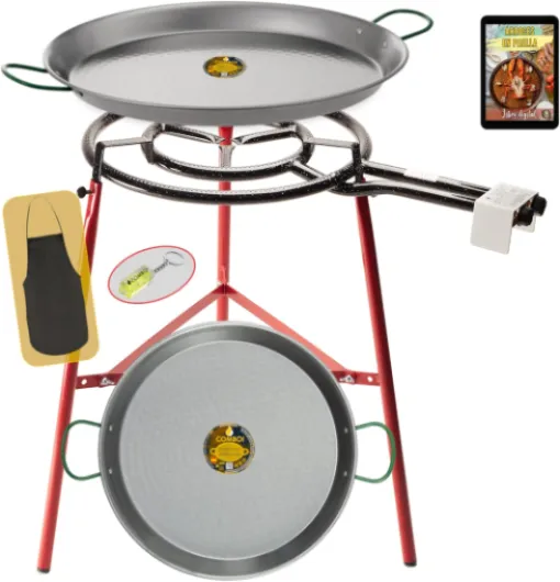 Kit Réchaud à Paella Gaz Butane 50 cm, Poêle 60 cm + 42 cm, Support Pieds Renforcés, Niveau, Tablier, Livre de Recettes Numérique