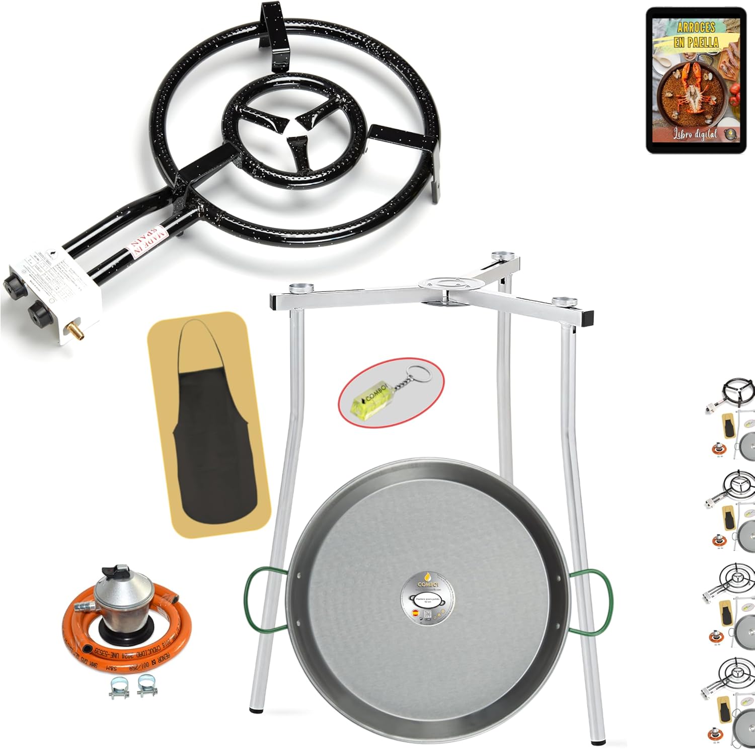 Réchaud à paella gaz butane 40 cm, poêle à paella 46 cm, kit brûleur, régulateur de gaz, tuyau, pieds trépied, niveau, tablier, livre de recettes numérique (kit 400 + pieds trépieds) KIT 400 + Patas Trípode