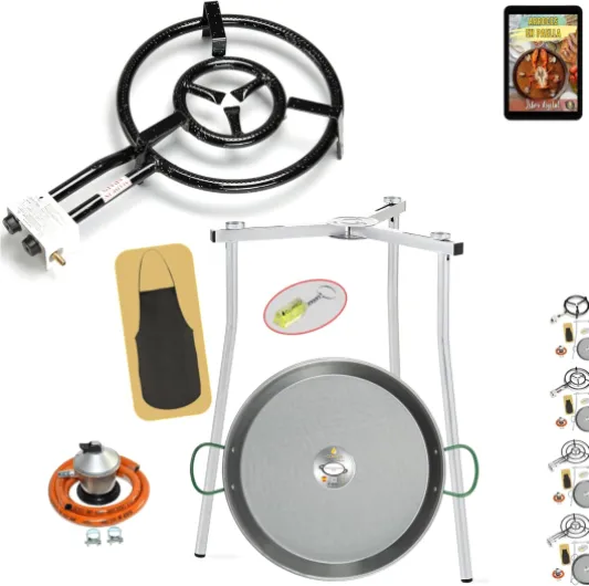 Réchaud à paella gaz butane 40 cm, poêle à paella 46 cm, kit brûleur, régulateur de gaz, tuyau, pieds trépied, niveau, tablier, livre de recettes numérique (kit 400 + pieds trépieds) KIT 400 + Patas Trípode
