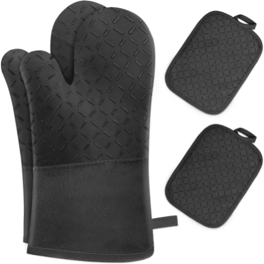Lot de 4 Gant Four Maniques Cuisine - MILcea Gant Four Anti Chaleur Jusqu'à 300 °C, Gants en Silicone Antidérapantes, en Coton Doux, 32cm Longs et Flexibles en Gant de Cuisine, Noir