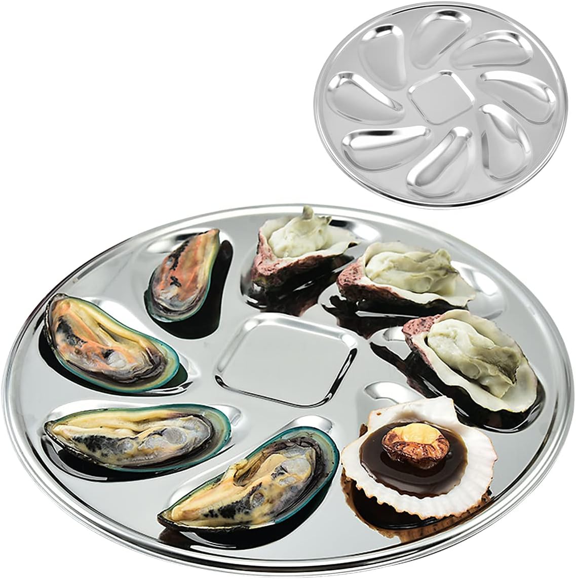 Assiette à Huîtres, 2 Pièces Assiettes à Huîtres en Acier Inoxydable Plaque à Huîtres Shell en Forme Durable Conteneur Huîtres avec 8 Emplacements pour Sauce Aux Huîtres et Citrons