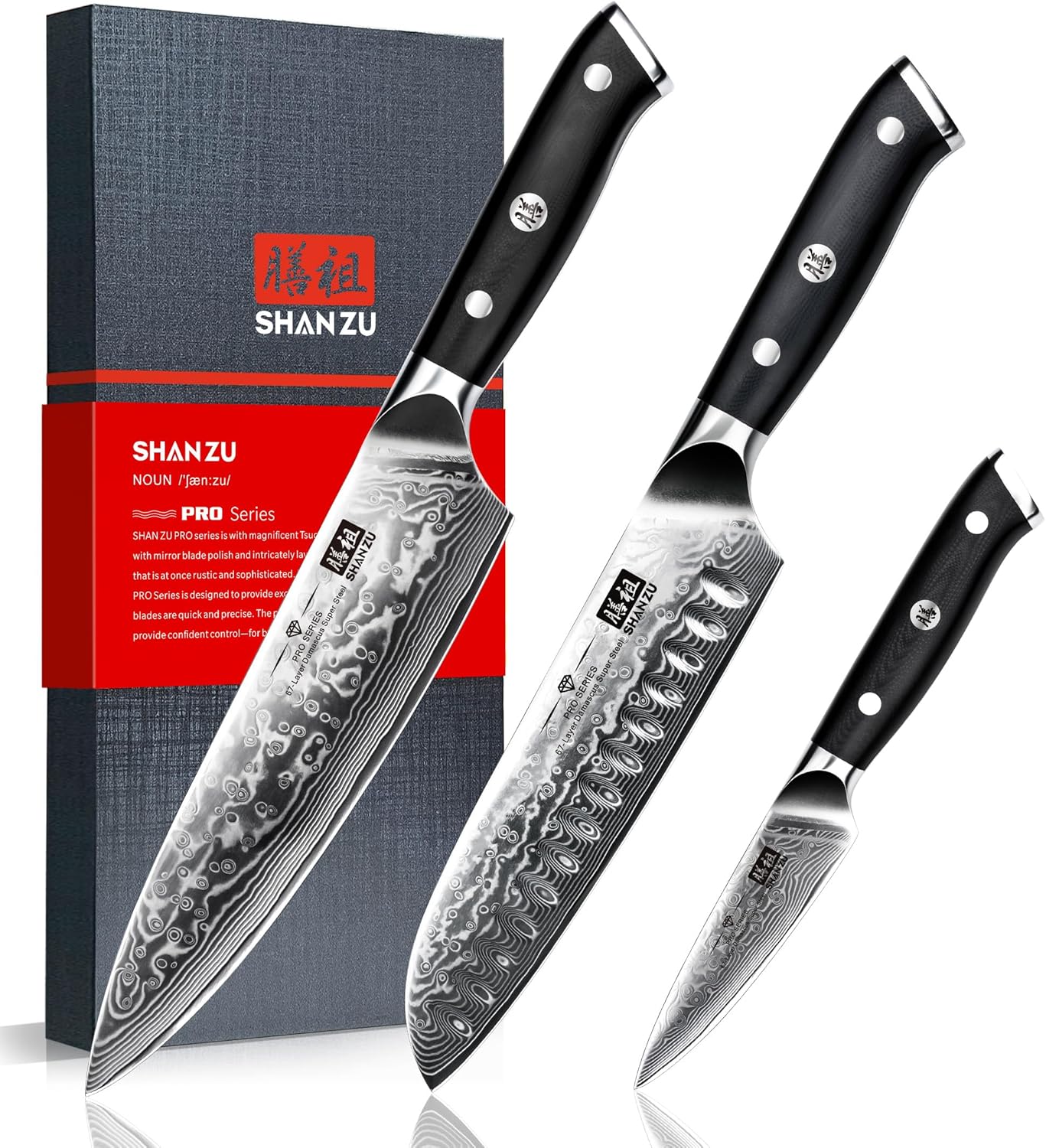 SHAN ZU Damascus Knife Set, Japanese Super Steel 3 PCS Damascus High Carbon Professional Ultra-Sharp Kitchen Chef Knife Set with G10 Handle Gift Box 3 Pc Knife Set