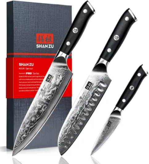 SHAN ZU Damascus Knife Set, Japanese Super Steel 3 PCS Damascus High Carbon Professional Ultra-Sharp Kitchen Chef Knife Set with G10 Handle Gift Box 3 Pc Knife Set