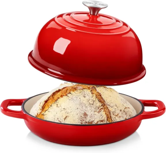 Cocotte en Fonte Émaillée 4.8L,Marmite Fonte 24cm,Tous feux dont induction, Idéal pour les ragoûts, la cuisine et la cuisson du pain - rouge 4.8L