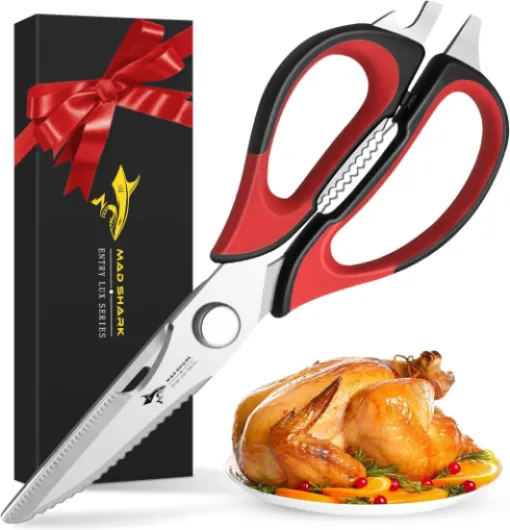 Ciseaux de Cuisine Démontables - Ciseaux à Volaille Acier Inox Poignée Confort, Lavables Lave-Vaisselle & Polyvalents, Pour Os de Poulet, Viande, Légumes, Fonctionne Casse-Noix Ouvre-Bouteille (ROUGE)