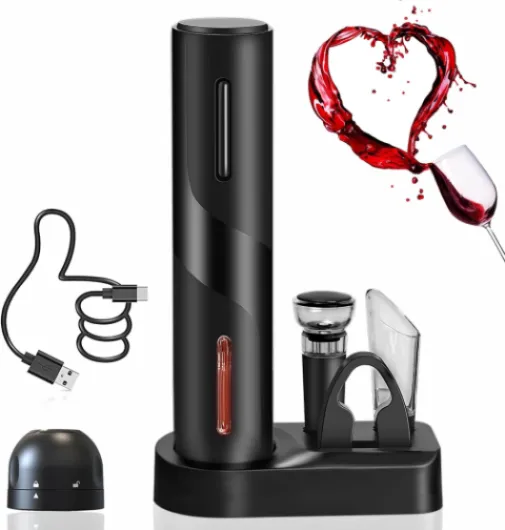 Tire Bouchon Électrique rechargeable 7 en 1 Coffret Cadeau,Ouvre Bouteille avec socle,Coupe-capsule,Aérateur de Vin,Bouchon en silicone sous vide,Bouchons à Champagne,Câble USB 7 In 1 Tire Bouchon Rechargeable avec Base - Noir