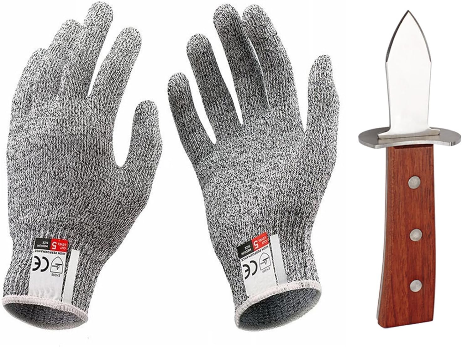 Couteau Huitre, Lancette à Huîtres, Couteau avec Manche en Bois et 1 paire de Gants Résistants Aux Coupures(XL), Lame en Acier Inoxydable pour Crustacés et Fruits de Mer