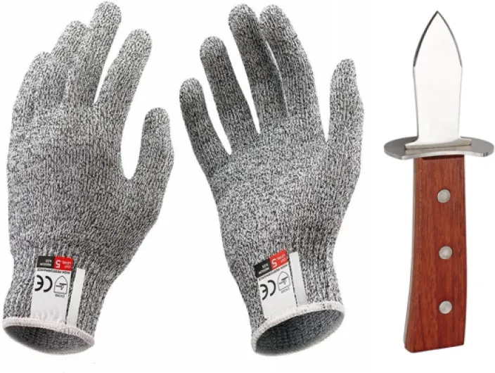 Couteau Huitre, Lancette à Huîtres, Couteau avec Manche en Bois et 1 paire de Gants Résistants Aux Coupures(XL), Lame en Acier Inoxydable pour Crustacés et Fruits de Mer