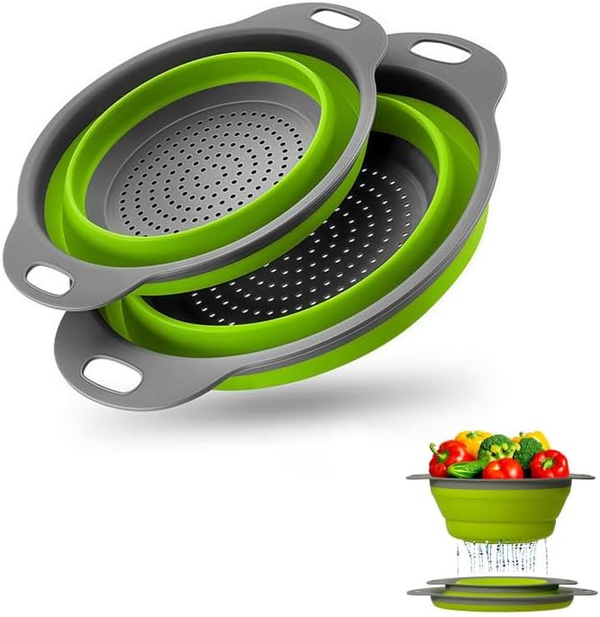 Lot de 2 paniers filtrants pliables en silicone de qualité alimentaire - Passoire pliable - Pour pâtes, légumes, salades (vert)