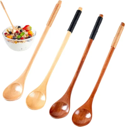 4 Cuillères en Bois Naturel, Lot de Cuillères Multifonctionnelles Long Manche, Pour Café, Thé, Miel, Soupe et Confiture, Ustensiles de Cuisine Écologiques avec Poignée Antidérapante