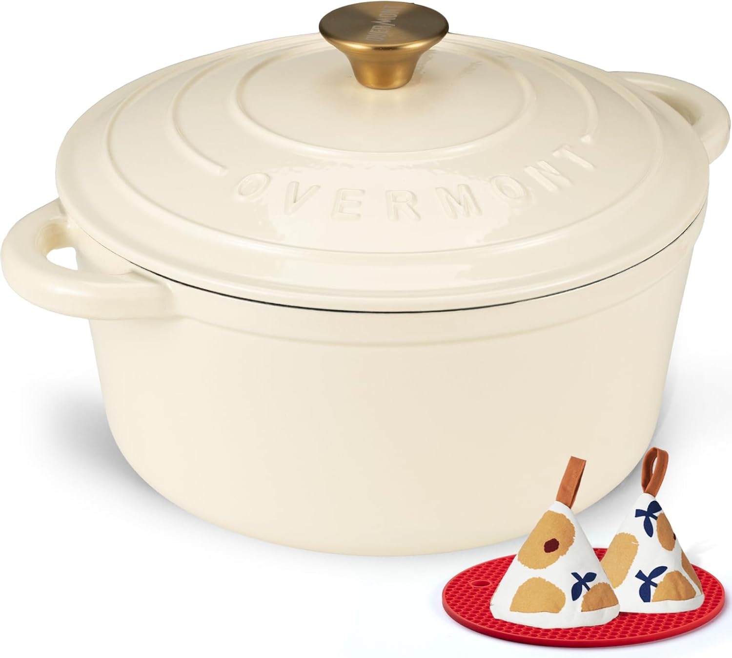 Overmont Enameled Cast Iron Dutch Oven - 5.5QT Pot with Lid Cookbook & Cotton Potholders - Heavy-Duty Cookware for Braising, Stews, Roasting, Bread Baking Cream White 5.5 Quart Cream white