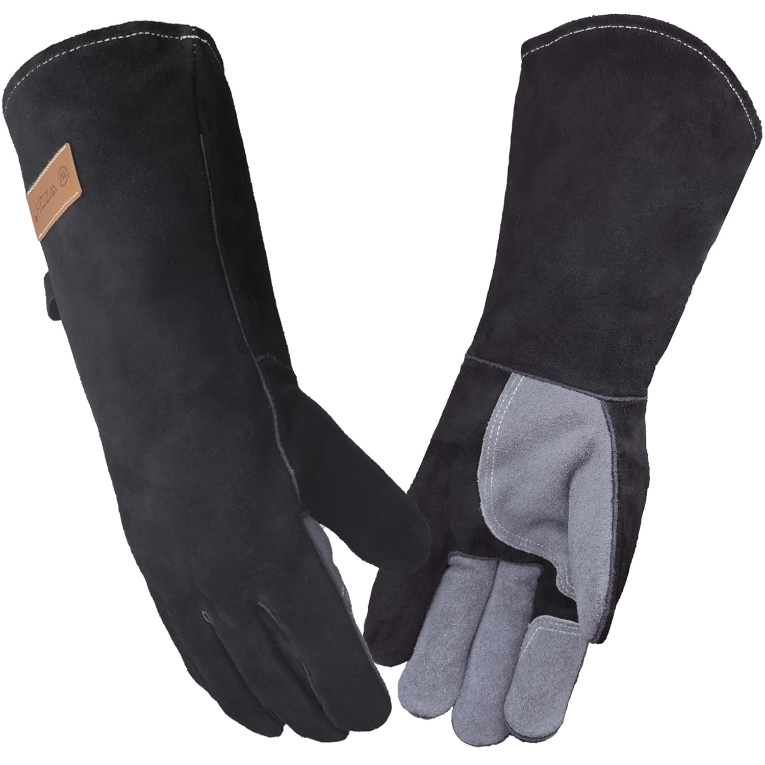 40 CM / 16 Pouces, Gants Anti Chaleur de Barbecue En Cuir, Résistant Au Feu Et à La Chaleur, Pour Le Feu, La Soudure, La Cheminée, Le Four, La Cuisson, Le Poêle, Le Support de Casserole - Grand(un paquet) Nouveau noir-gris