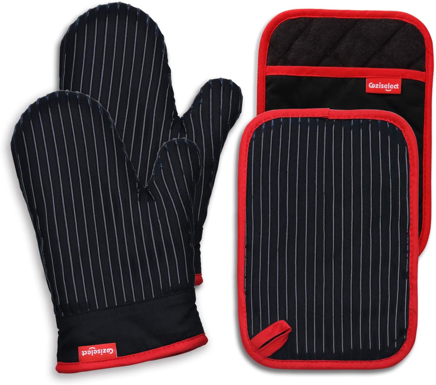 Gants de Four, Maniques Cuisine et Gant Cuisine Set, Gants de Cuisine Résistants à la Chaleur et Antidérapants, Gants de Cuisine Lot de 4 Adaptés pour la Cuisine, Les Grillades, Noir Gants Noirs Quatre Pièces