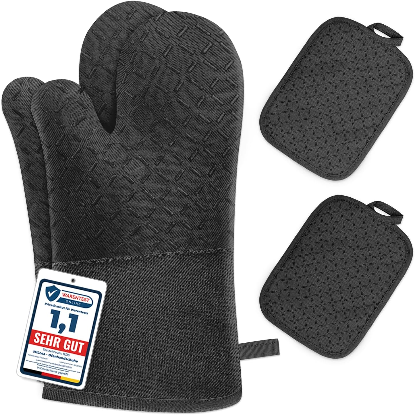 Lot de 4 Gant Four Maniques Cuisine - MILcea Gant Four Anti Chaleur Jusqu'à 300 °C, Gants en Silicone Antidérapantes, en Coton Doux, 32cm Longs et Flexibles en Gant de Cuisine, Noir