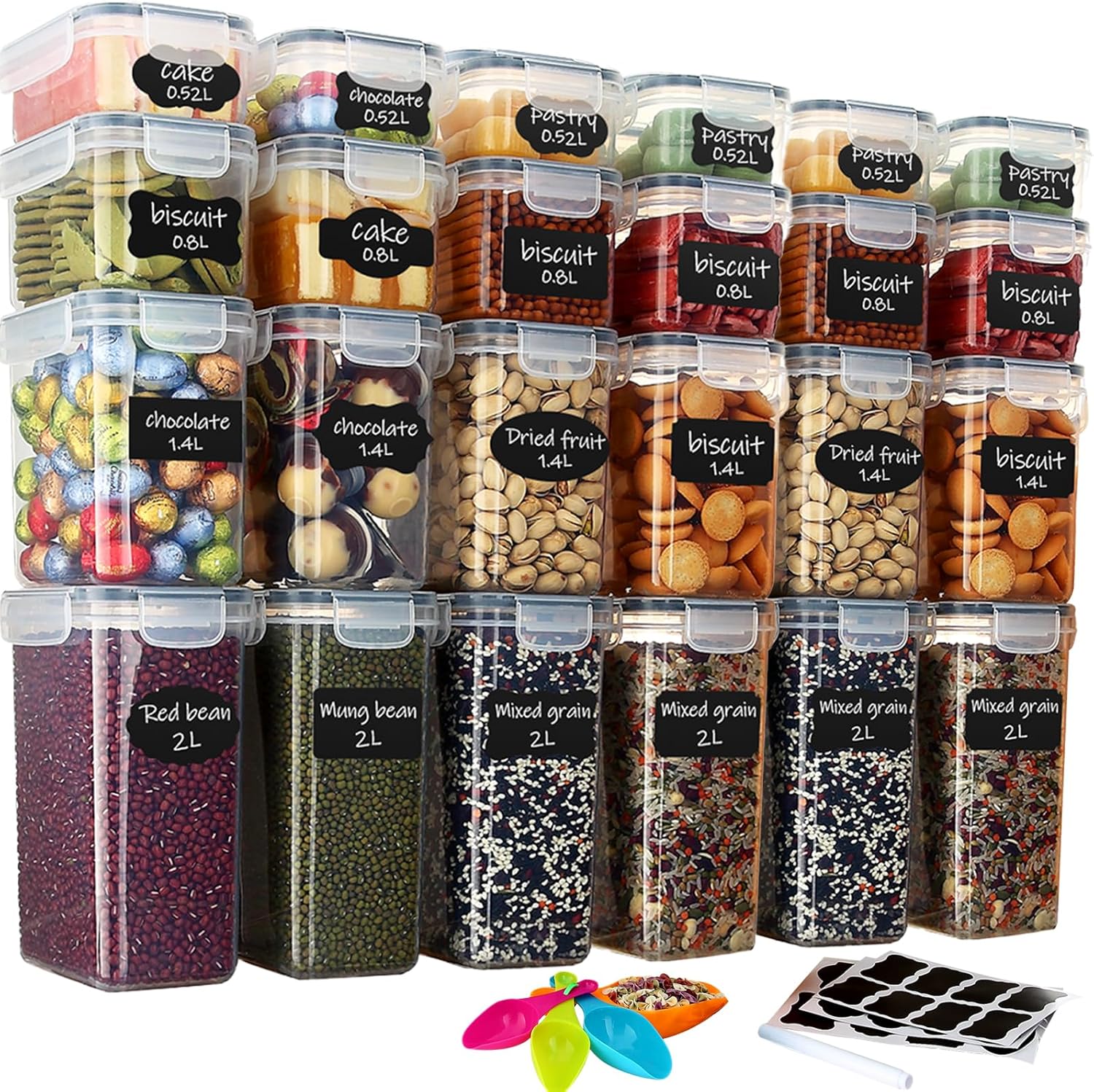 Hibisaws Lot de 24 boîtes de conservation alimentaire sans BPA, organisation de cuisine, boîtes en plastique avec couvercles durables, idéales pour le sucre, les céréales, la farine 24H1