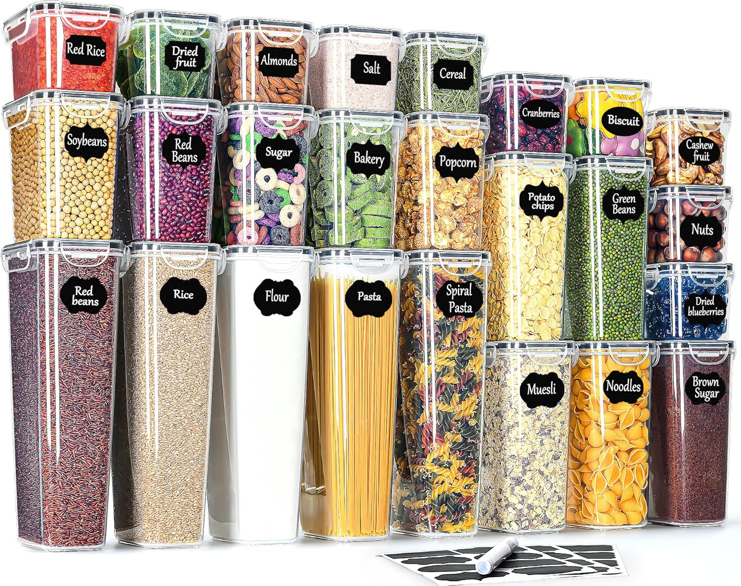 Boite Hermetique Alimentaire Lot de 25: Bocaux Rangement en Plastique avec Couvercles - Boite Rangement Cuisine pour Céréales, Farine, Pâtes, Riz - Sans BPA - Lavable au lave-vaisselle 25 PCS