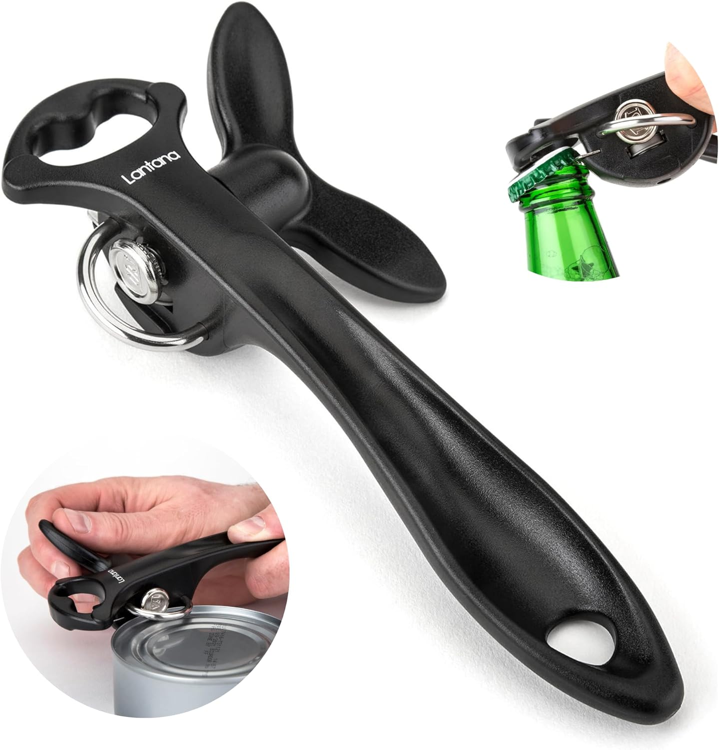 Ouvre-boîte/décapsuleur 2 en 1 - ouverture manuelle simple et sans danger des boîtes de conserves - découpe latérale/évite les bords coupants ou dentelés - noir/acier inoxydable
