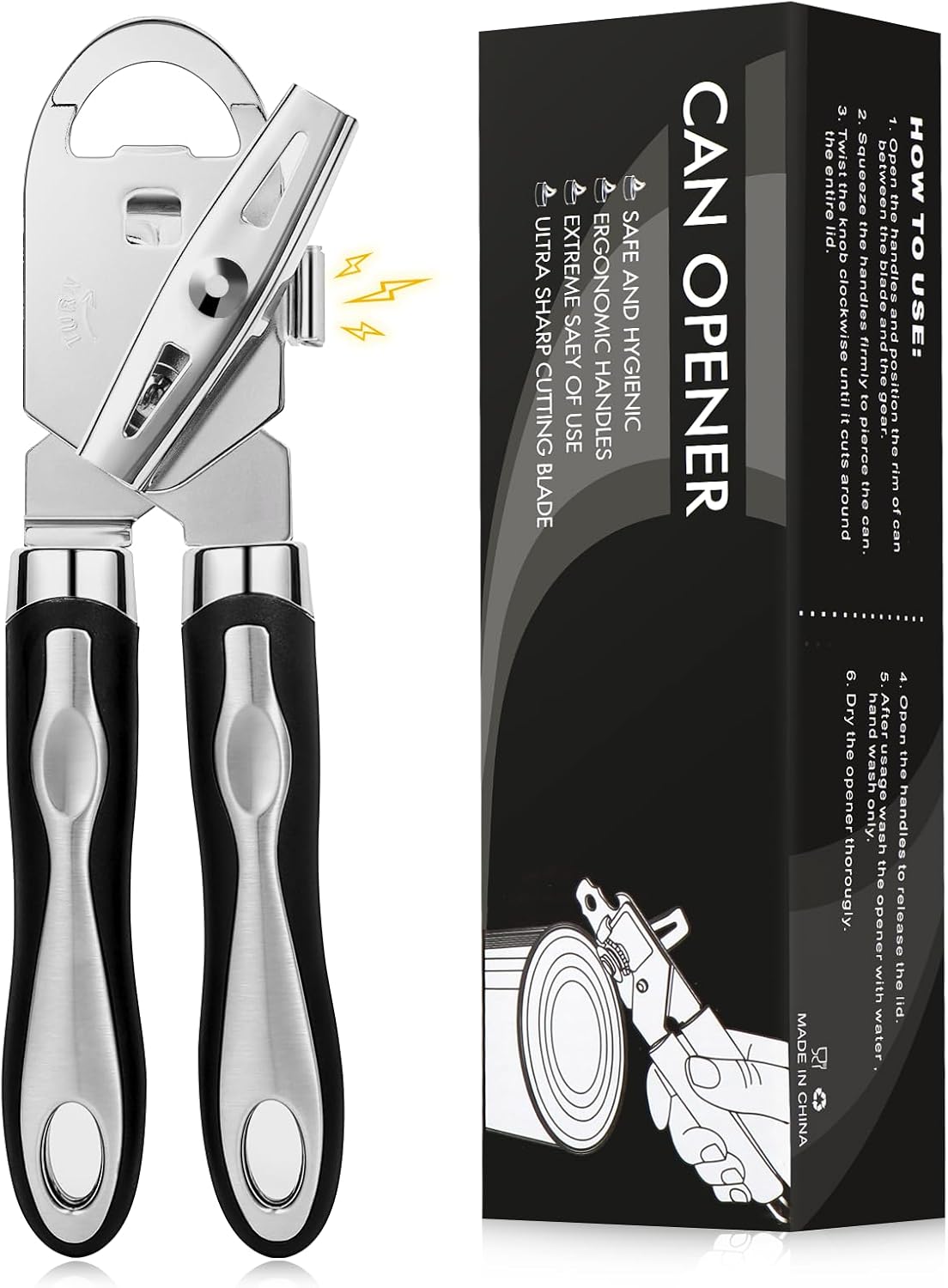 Ouvre Boite de Conserve, 3 en 1 Ouvre Boite Manuel à Bord Lisse, Acier Inoxydable Robuste (Noir)