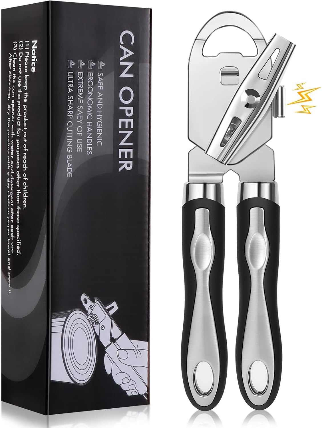 3 en 1 Ouvre Boite de Conserve, Ouvre Boite Manuel avec Decapsuleur Intégré Avec Poignée Antidérapante et Bouton Rotatif Ergonomique, Pour Personnes Agées, Noir