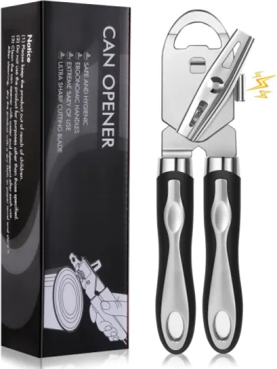 3 en 1 Ouvre Boite de Conserve, Ouvre Boite Manuel avec Decapsuleur Intégré Avec Poignée Antidérapante et Bouton Rotatif Ergonomique, Pour Personnes Agées, Noir