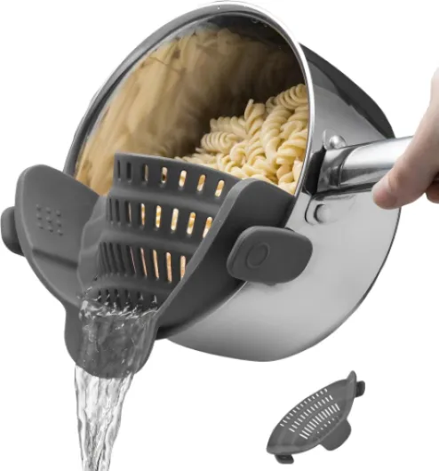 Passoire en Silicone avec Clip – Filtre Universel pour Casserole – Pour Pâtes, Légumes, Riz – Résistant à la Chaleur, Sécuritaire, Facile à Nettoyer