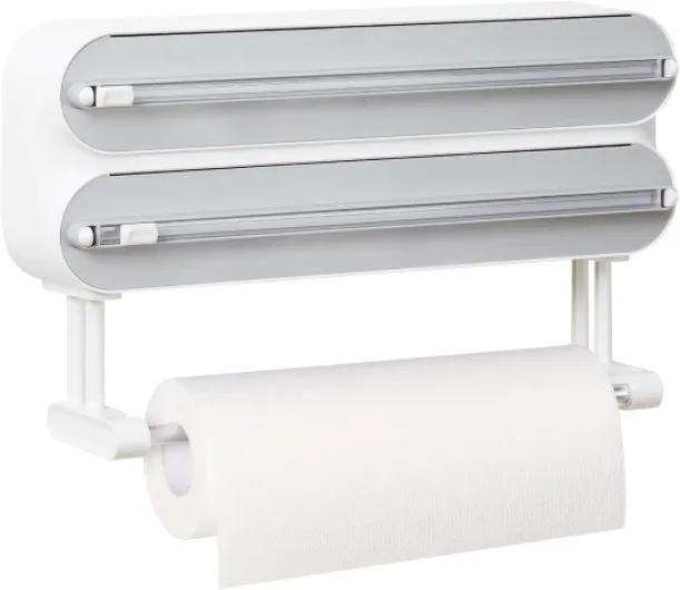 Distributeur Papier Aluminium et Film avec Port Essuie Tout - Magnétique et Murale sans Percer, Derouleur Film Alimentaire - Organisateur de Cuisine Gain de Place, INCL - Rouleau 50m, Blanc Blanc (Couvercle Gris)