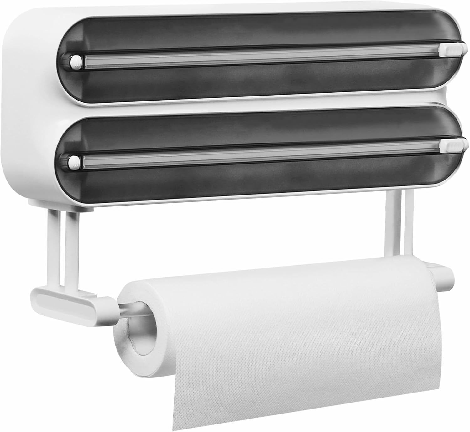 Distributeur Papier Aluminium et Film avec Port Essuie Tout - Magnétique et Murale sans Percer, Derouleur Film Alimentaire avec Coupeur pour Cuisine Organisée, Support Sopalin 3-en-1, Noir Noir (Couvercle Translucide)