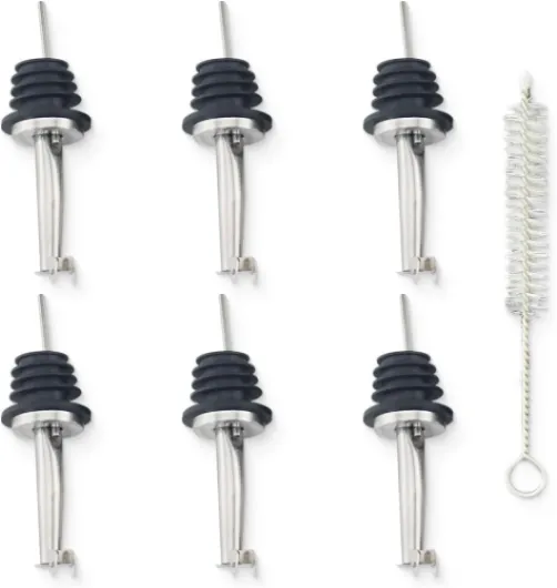 6 Pièce Bec Verseur Alcool Acier Inoxydable,Acier Inoxydable Bouchon Bouteille Réutilisable, Bec Conique avec Capuchons Anti-Poussière et Brosse de Nettoyage,pour les Cocktails, Fêtes et Bars