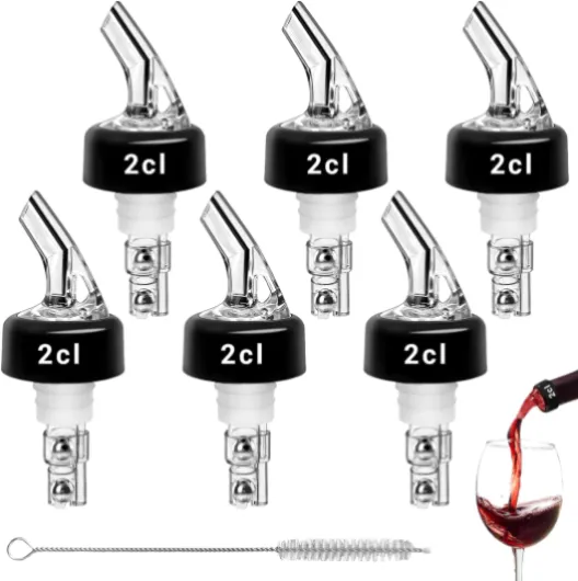 6 Pièces Bouchon Doseur Alcool, 2cl Bec Verseur Réglable, Doseurs Pastis avec Brosse de Nettoyage, Becs à Liqueur pour Vin Rouge, Liqueur, Whisky, Cocktails, Bar (20ml)