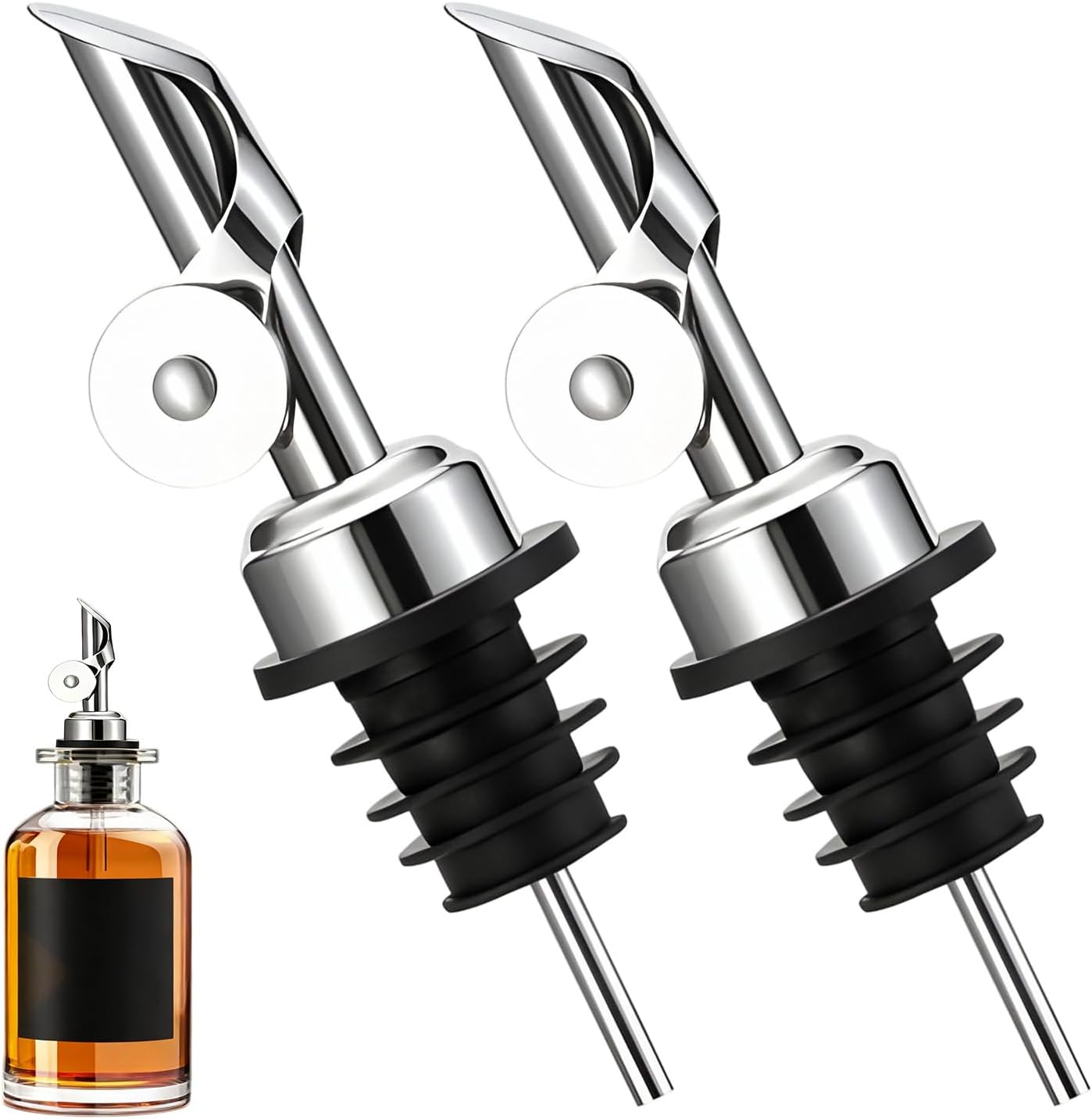 Ruvan 2 Pièces Bec Verseur Huile d'olive, Bec Réutilisable en Acier Inoxydable, Bouchon Huile d'olive avec Fermeture Automatique, pour Cuisine, Barbecue, Bar Et Restaurant