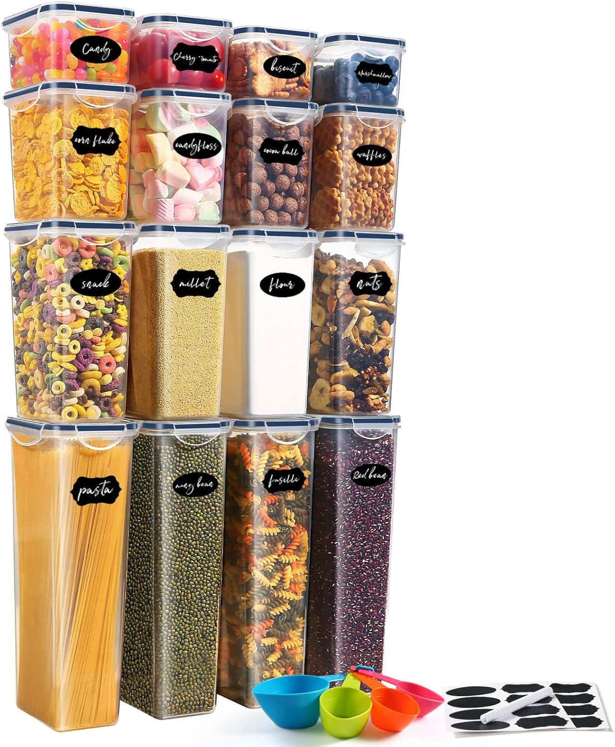 Boite Hermetique Alimentaire, 16 Boîtes Alimentaires en Plastique Sans BPA avec Couvercles, Boite de Rangement Cuisine, pour Céréales, Farine et Aliments Secs YH1310-16PCS