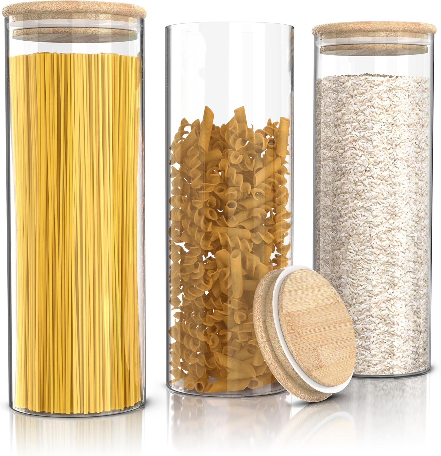 Set de 3 Récipients en Verre Hermétique Rond, Tailles de 10 x 28 cm / 2,1 litres, Verre borosilicate Boîte Conservation Alimentaire, Couvercle en Bambou, Joint en silicone