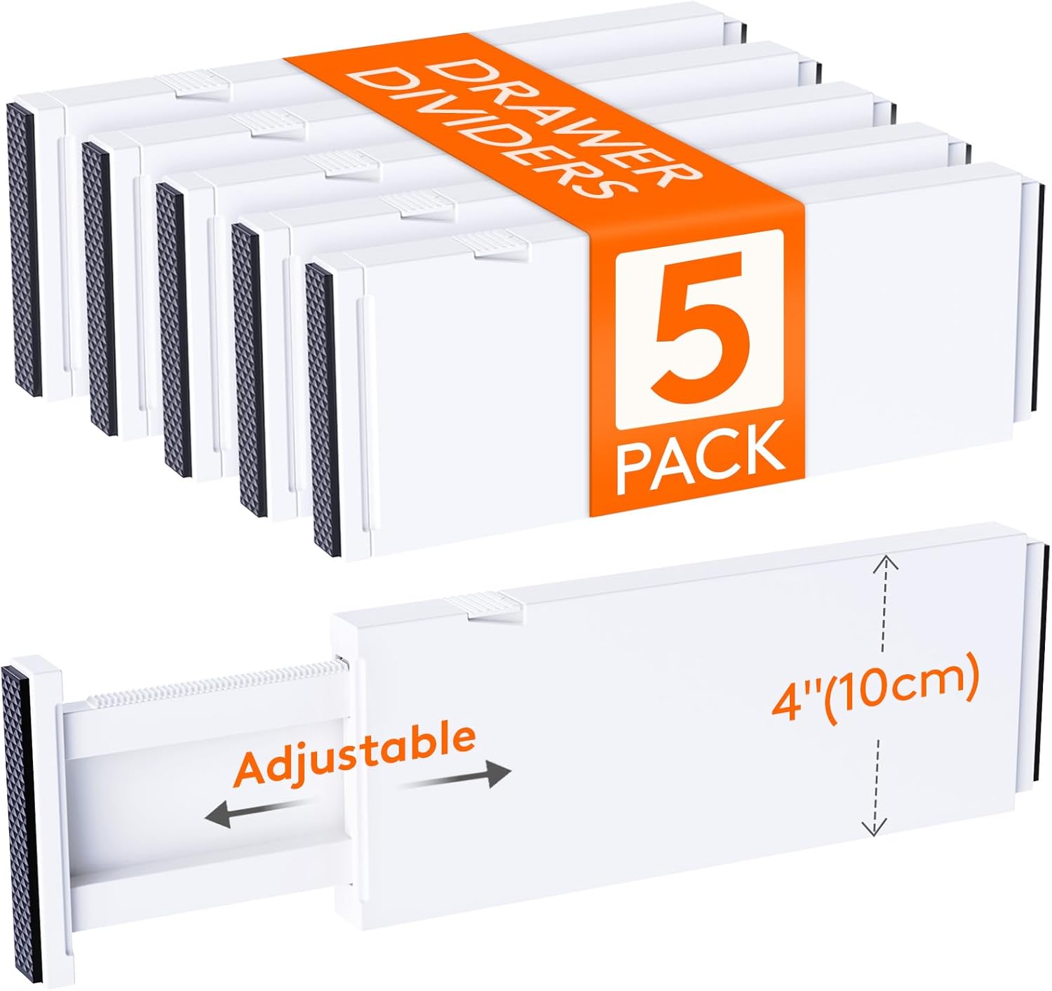 Lot de 5 Séparateurs de Tiroir en Plastique 10 cm de Haut, ajustable de 28 à 44.5 cm de large Organisateurs de Tiroir Extensibles pour Vêtements, la Chambre/Salle de Bain/Cuisine/Bureau 5 L 27.7-45.6cm, H 10cm