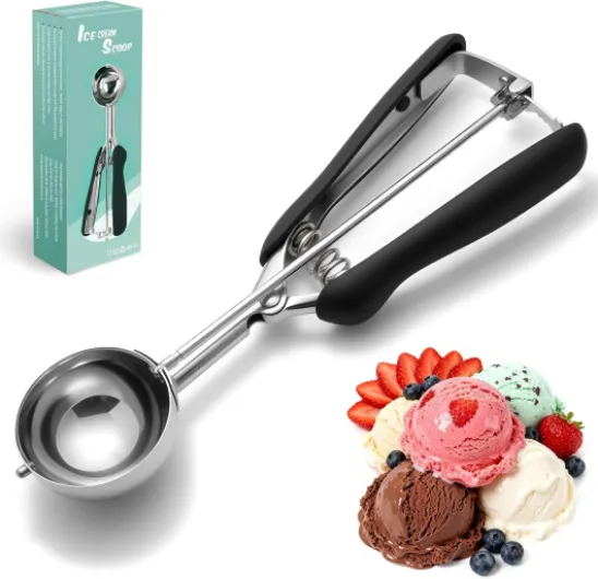 Cuillère à glace en acier inoxydable 304 avec gâchette (23 x 5 cm), cuillère polie polyvalente pour glace, purée, pâte et gâteaux, lave-vaisselle, noir