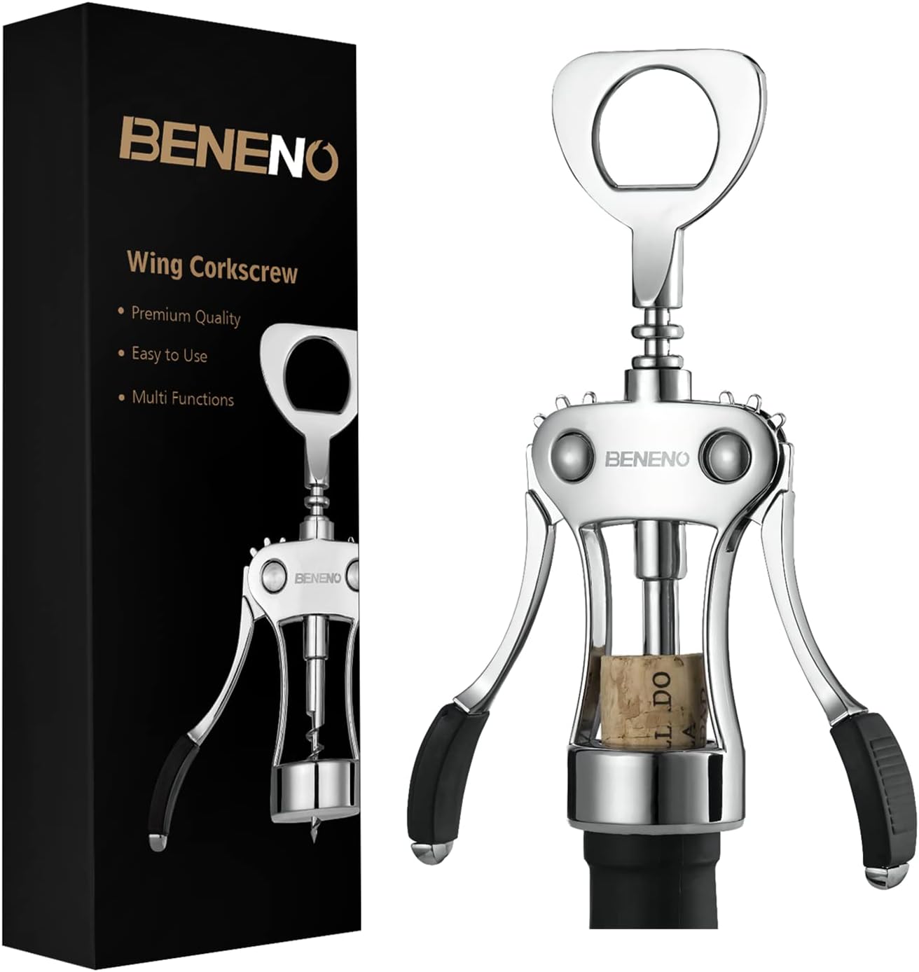 Beneno Wine Opener, Zinc Alloy Premium Wing Corkscrew with Multifunctional Bottles Opener, Sharp Wine Corkscrew with Ergonomic Non-Slip Wing Handle, Silver