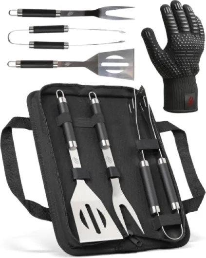 Kit Barbecue Professionnel - 4 Ustensiles Barbecue - Pince, Spatule, Fourchette in Acciaio Inossidabile et Gant Ignifuge - Coffret Cadeau Homme
