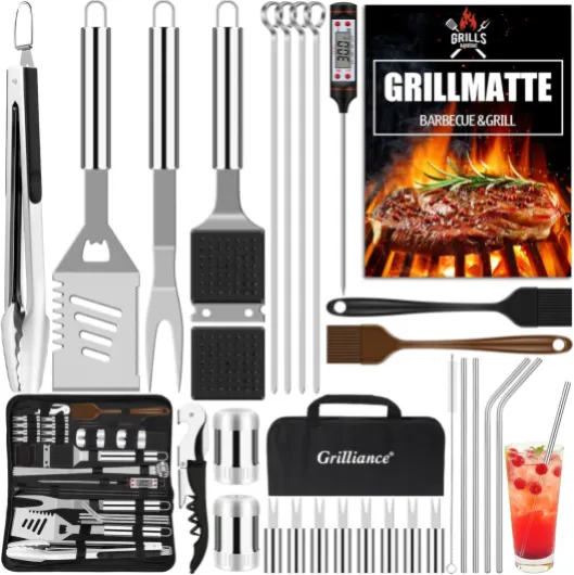 Lot de 30 ustensiles de Barbecue en Acier Inoxydable de qualité supérieure - Pince à Barbecue - avec Mallette et Tapis de Barbecue pour Homme - Cadeau pour Le Jardin, Le Camping - Argenté 2-Argenté