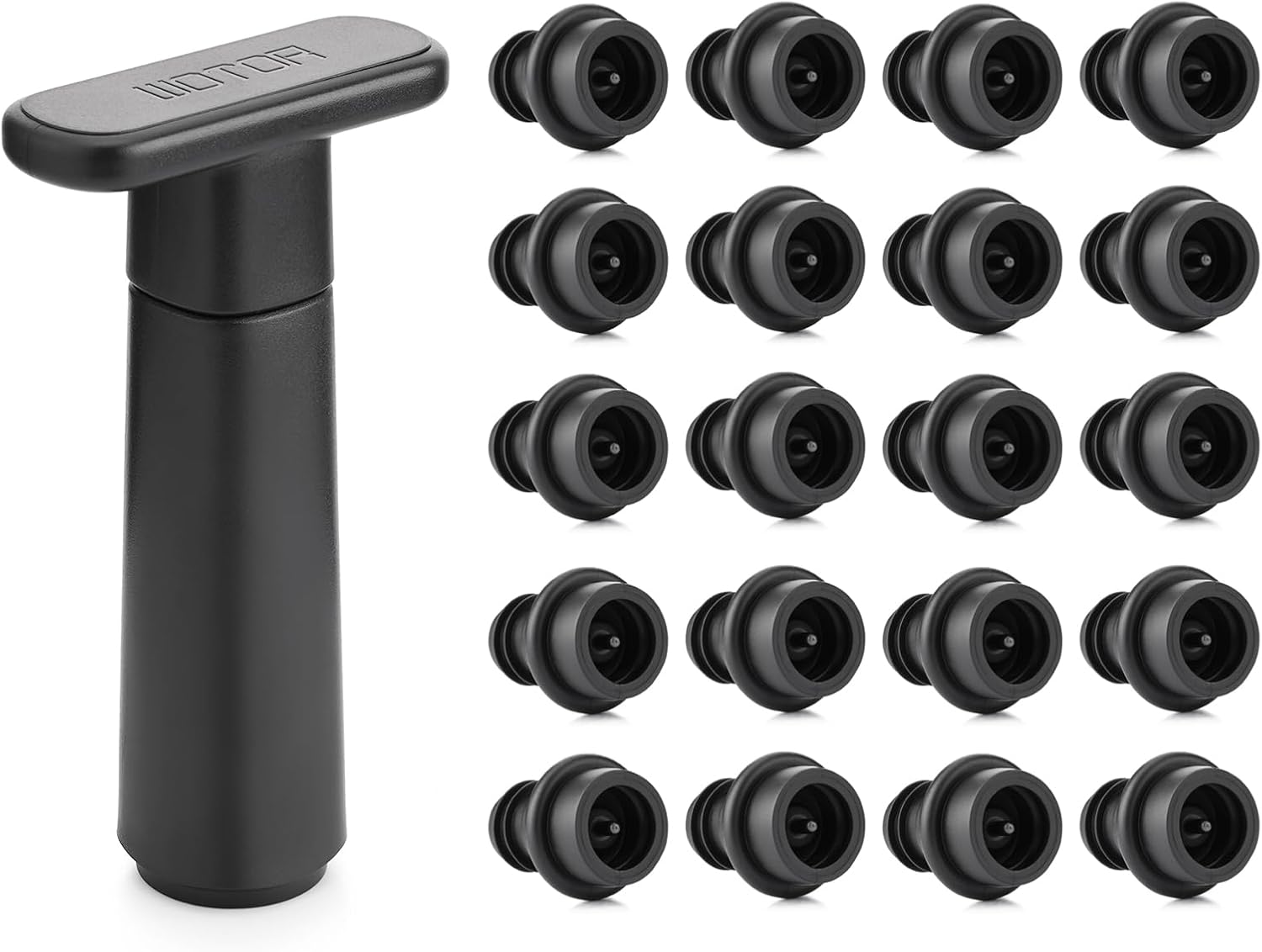 WOTOR Wine Saver Vacuum Pump with 20 Stoppers, Wine Stopper & Preserver, Reusable Bottle Sealer Keeps Fresh, Ideal Accessories Gift (Flat Handle) Black 1 Pump + 20 Stoppers